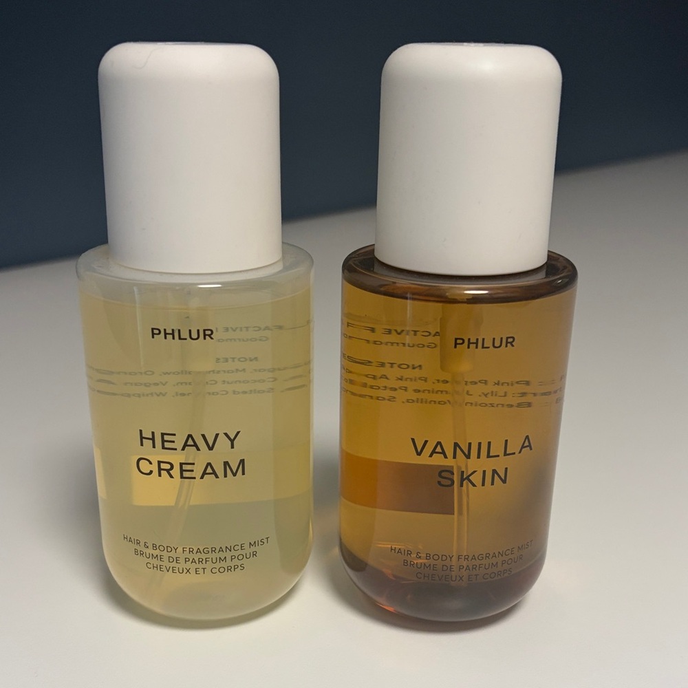 PHLUR Heavy Cream & Vanilla Skin Hair & Body Mist Duo — Pale Yellow and Amber